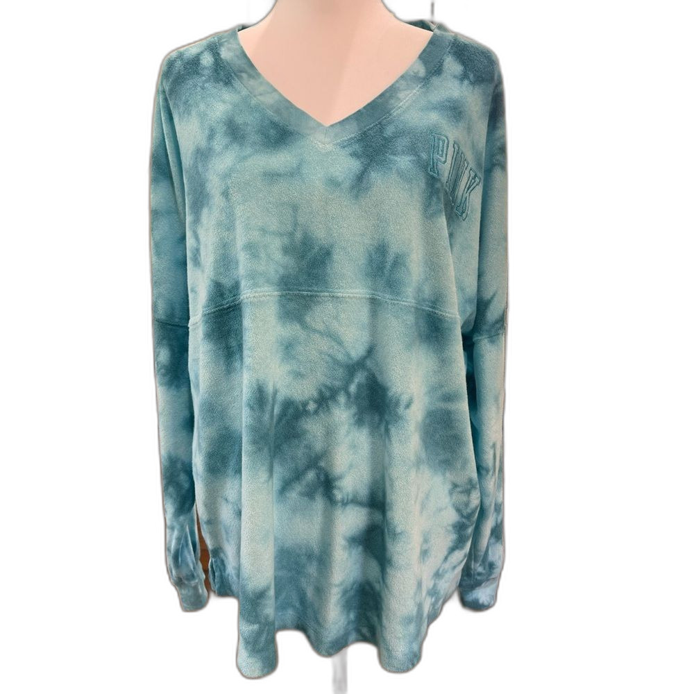 PINK Victoria’s Secret Teal Blue Oversized V-Neck Pullover Cozy Soft Terry L NWT